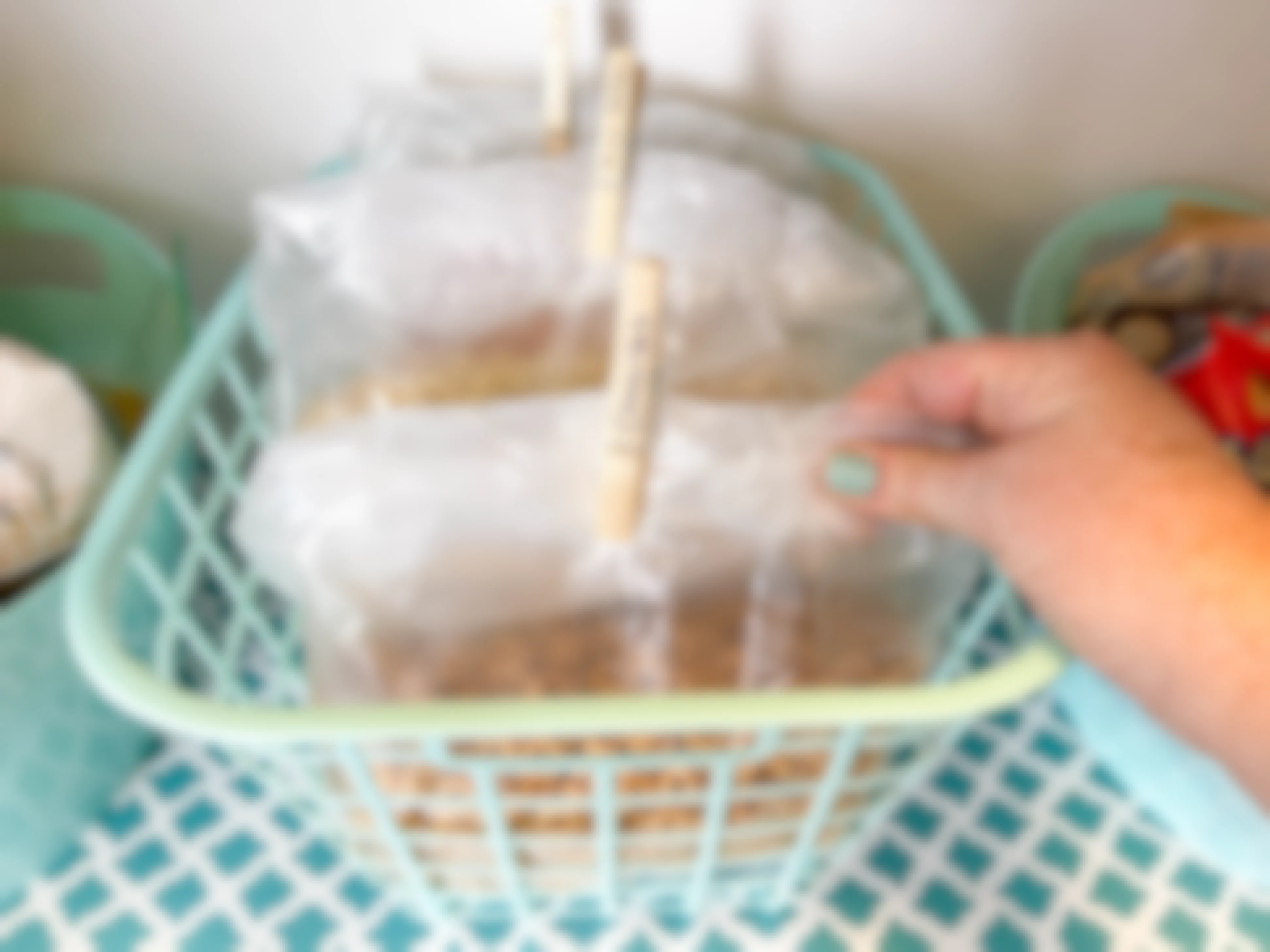 cereal bags in a basket with clothespin on top to keep closed 