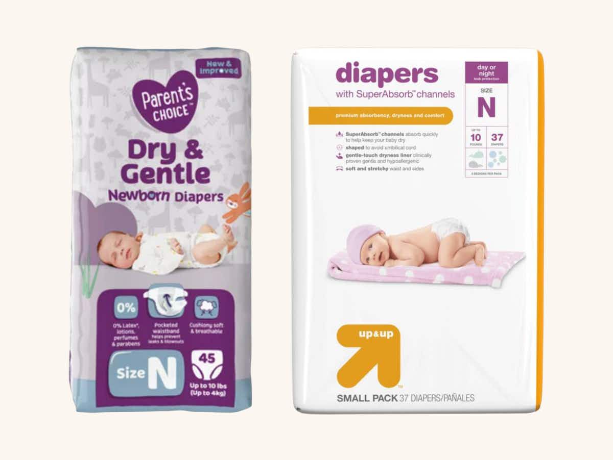 A Pack of Parent's Choice Newborn diapers from Walmart next to a pack of up & up newborn diapers from Target