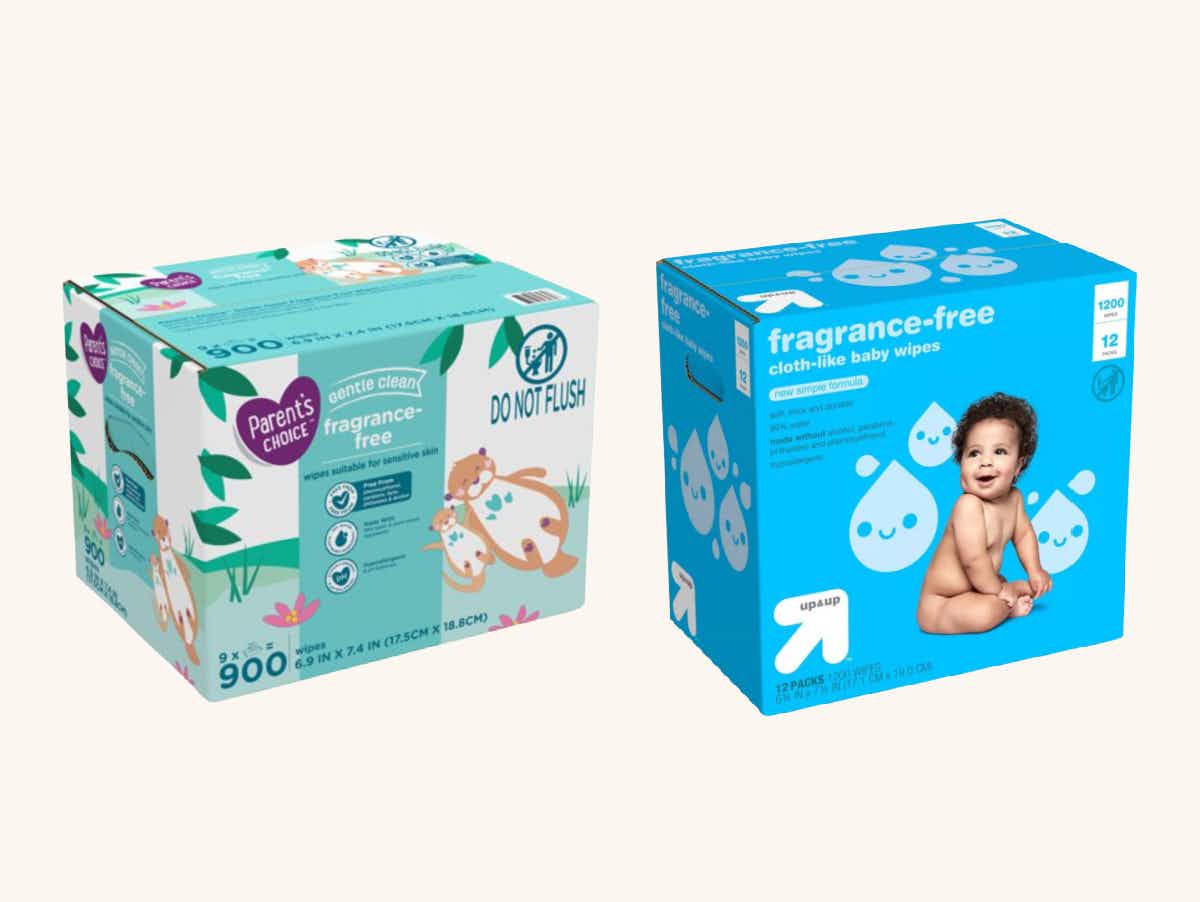 a box of parent's choice baby wipes next to a box of up and up baby wipes