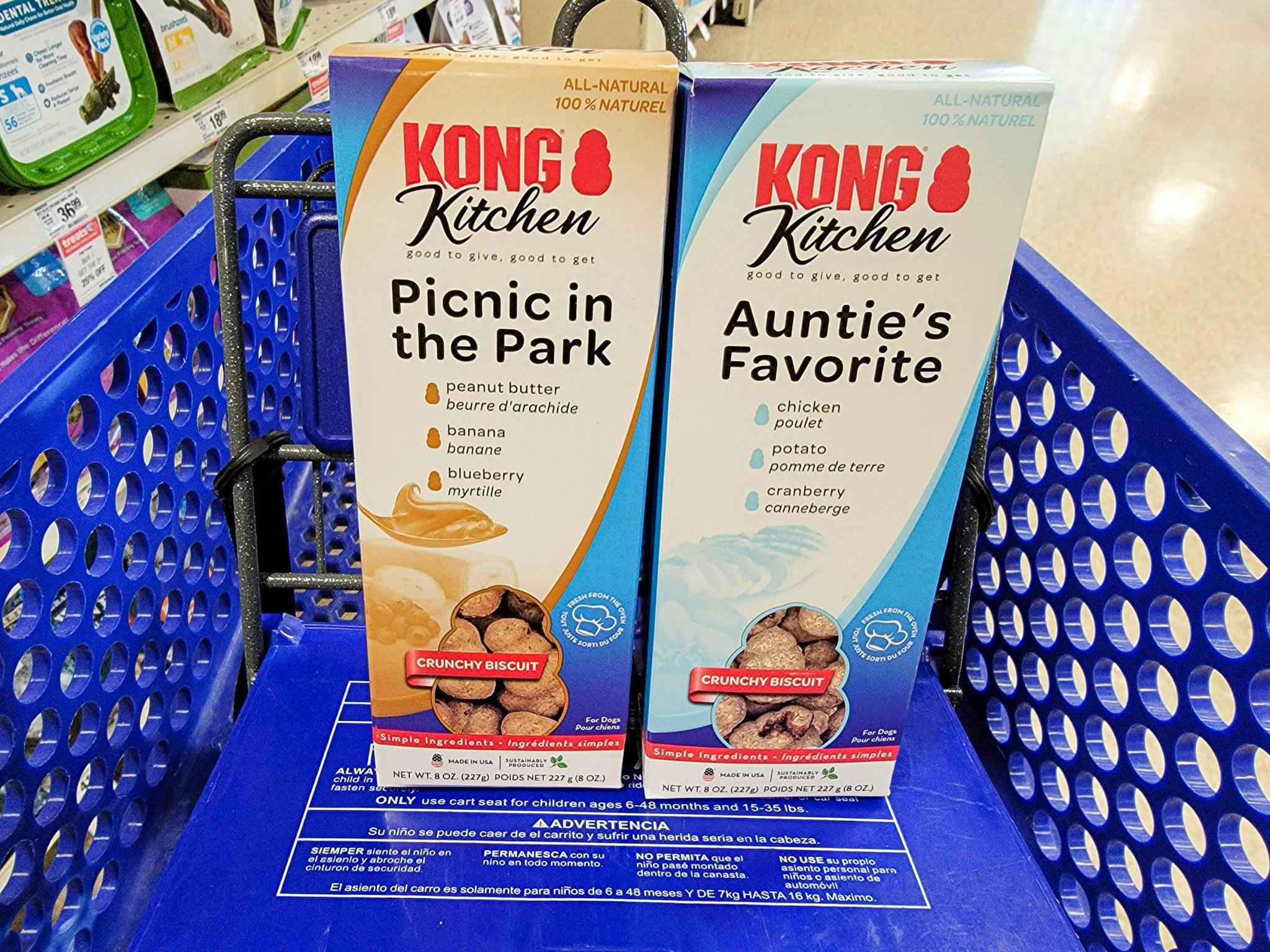 kong dog biscuits in a cart