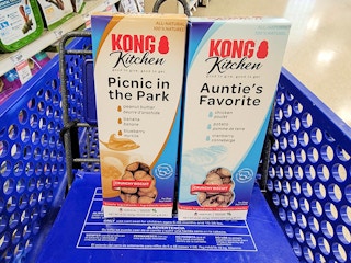 kong dog biscuits in a cart
