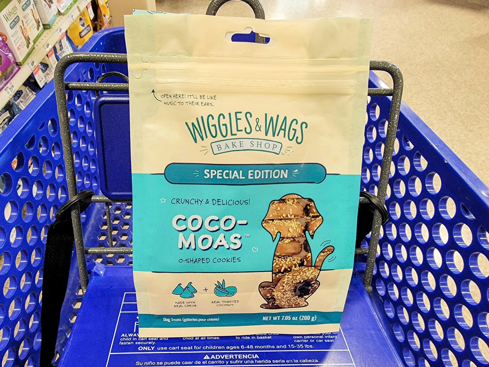 bag of dog treats in a cart