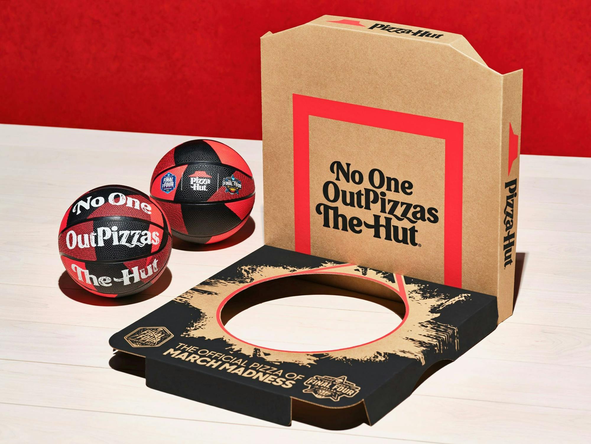 pizza hut mini basketball, pizza box with hoop, and and big new yorker pizza
