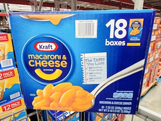 box of kraft mac and cheese 18-pack in cart at sams club