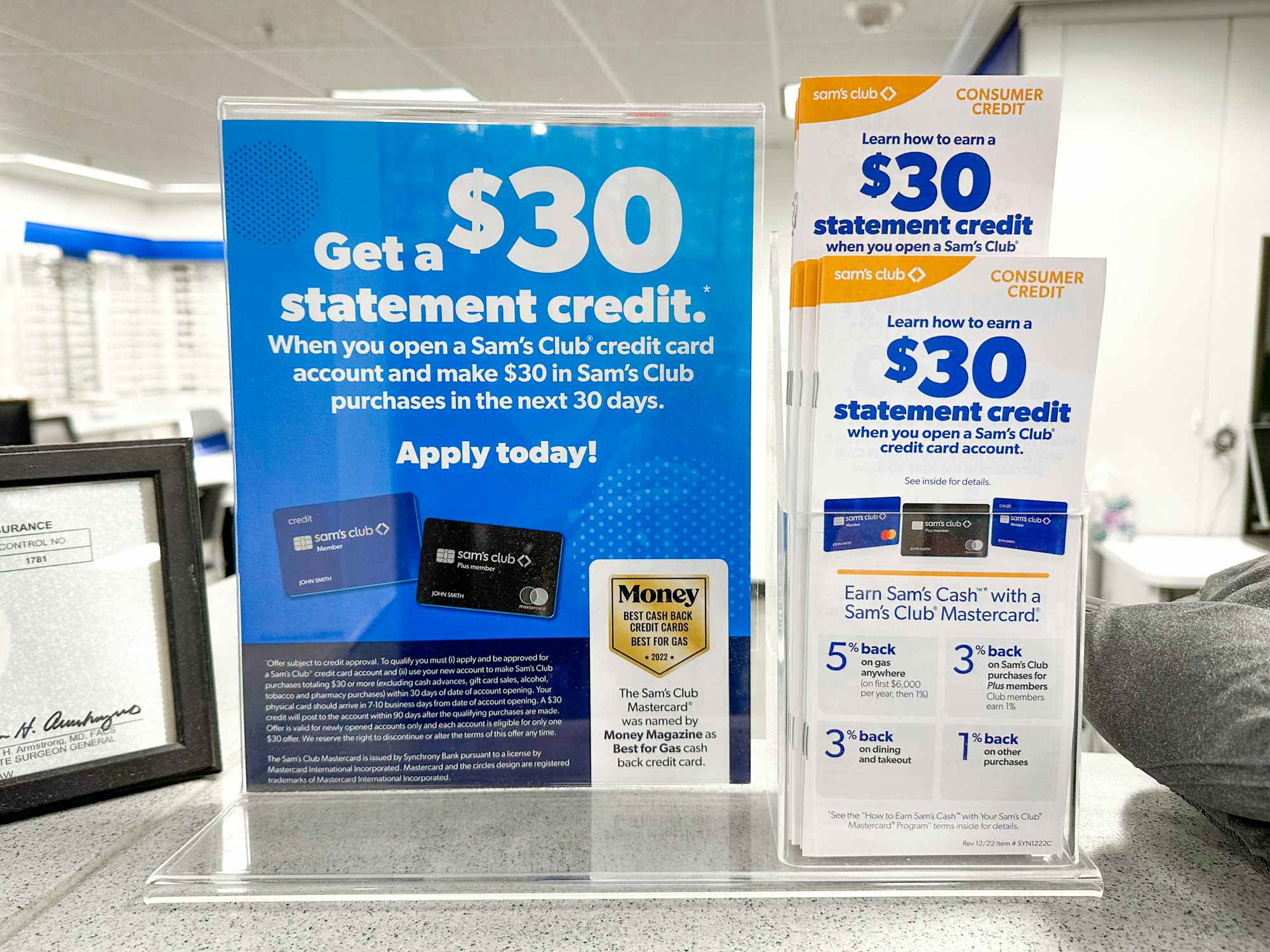 Signage and brochures for the Sam's Club Mastercard credit card