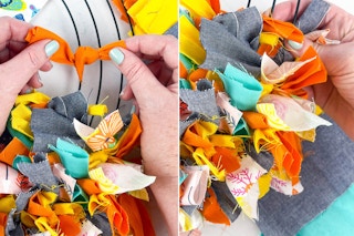 two images of making a rag wreath
