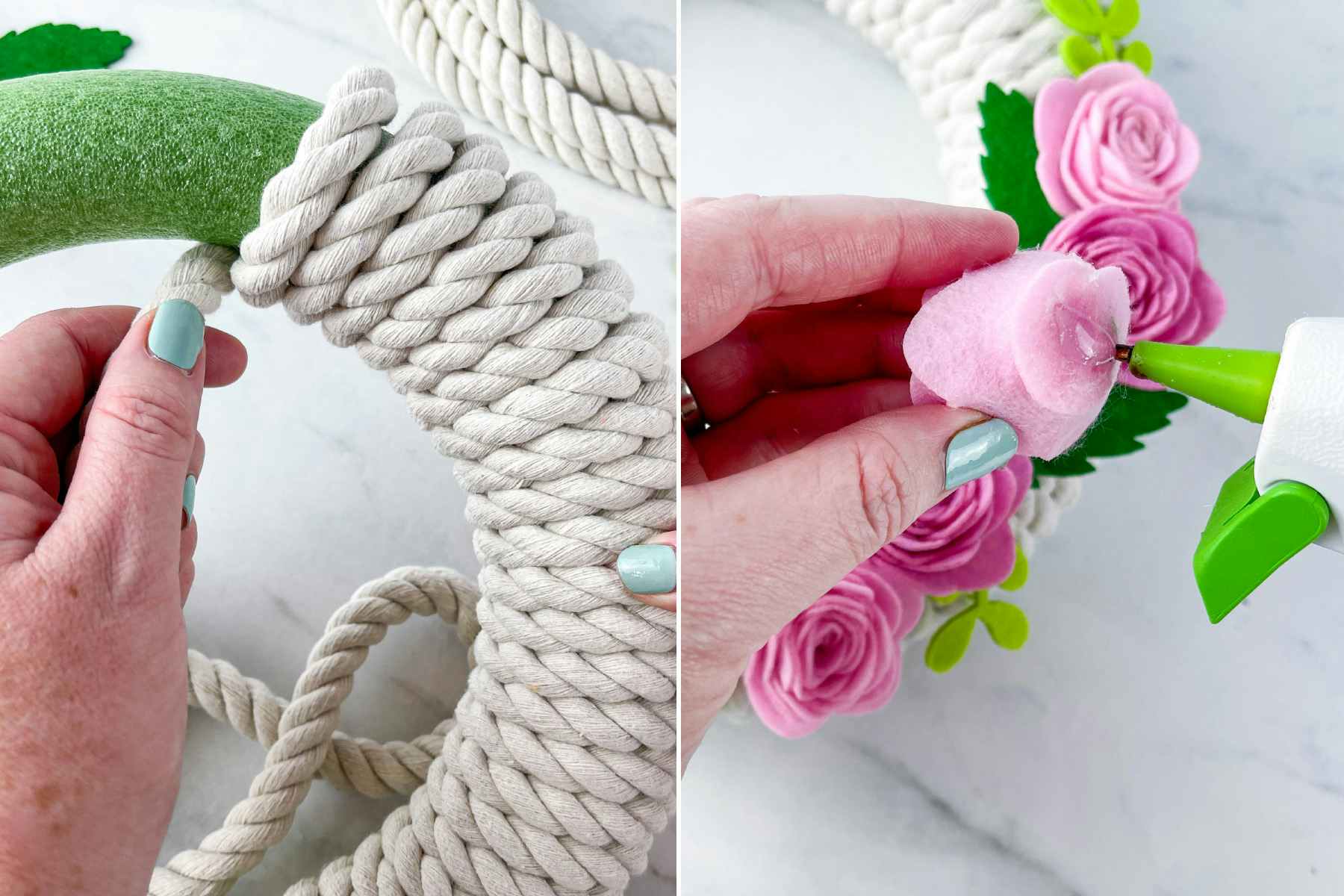 two images of a person making a rope and felt flower wreath 