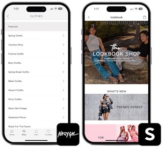 The Nastygirl Lookbook collection on a phone next to the Shein lookbook on another phone