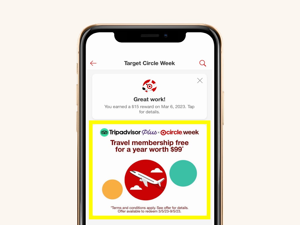 A smartphone showing the Target Circle Week offer for a free one-year membership to TripAdvisor Plus