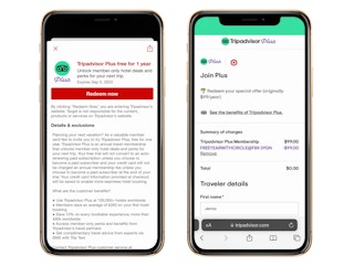 Two smartphones side by side: one showing the "Redeem" button in the Target app for the TripAdvisor Plus free membership offer, the other showing the sign up process for TripAdvisor Plus