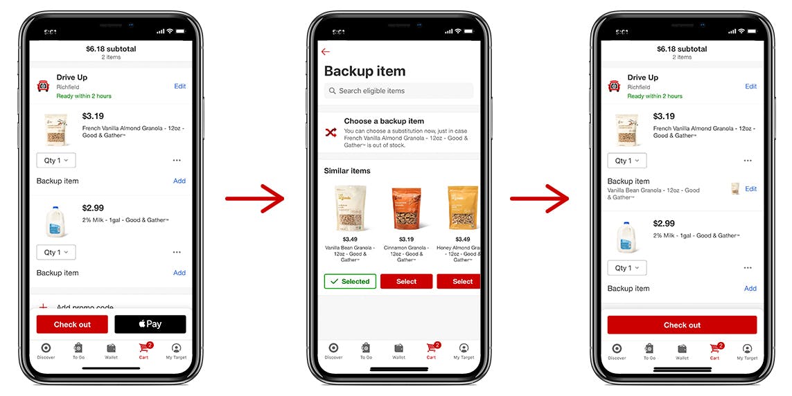target app showing screenshots of backup item options