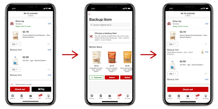 target app showing screenshots of backup item options