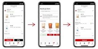 target app showing screenshots of backup item options