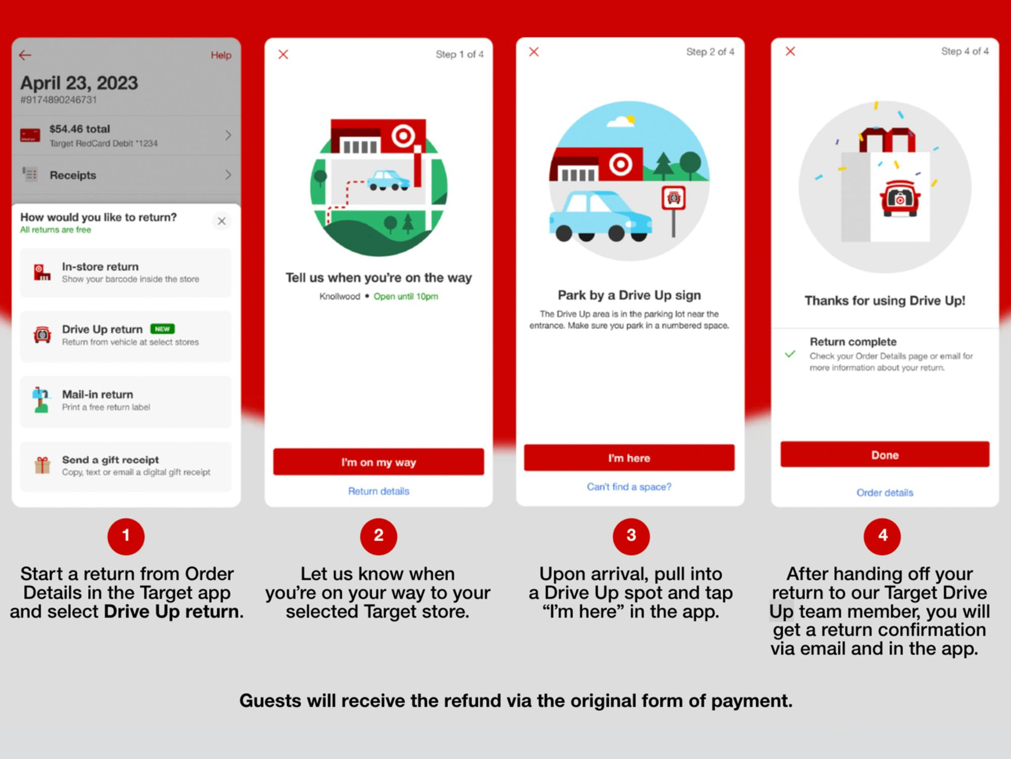 Screenshots of how the Target drive up returns process works via the Target app