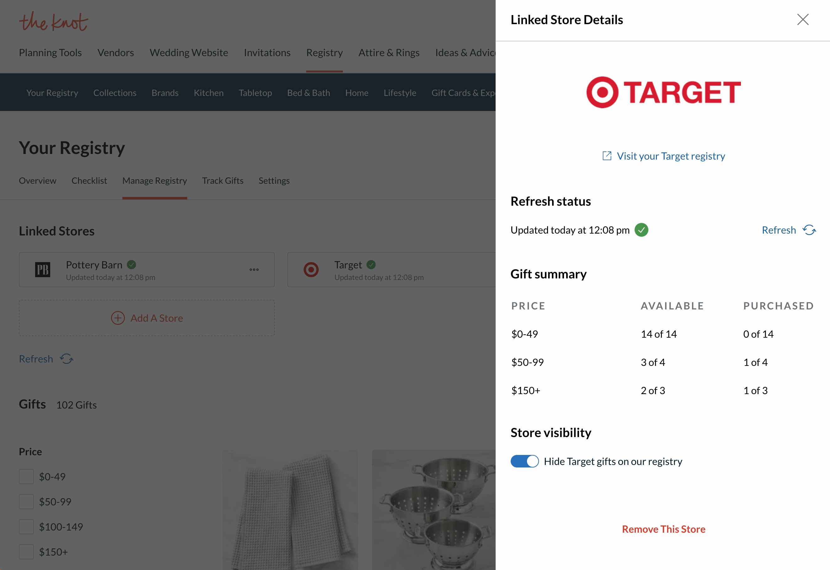 A screenshot of theknot.com registry manager showing Target as a linked store