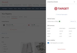 A screenshot of theknot.com registry manager showing Target as a linked store