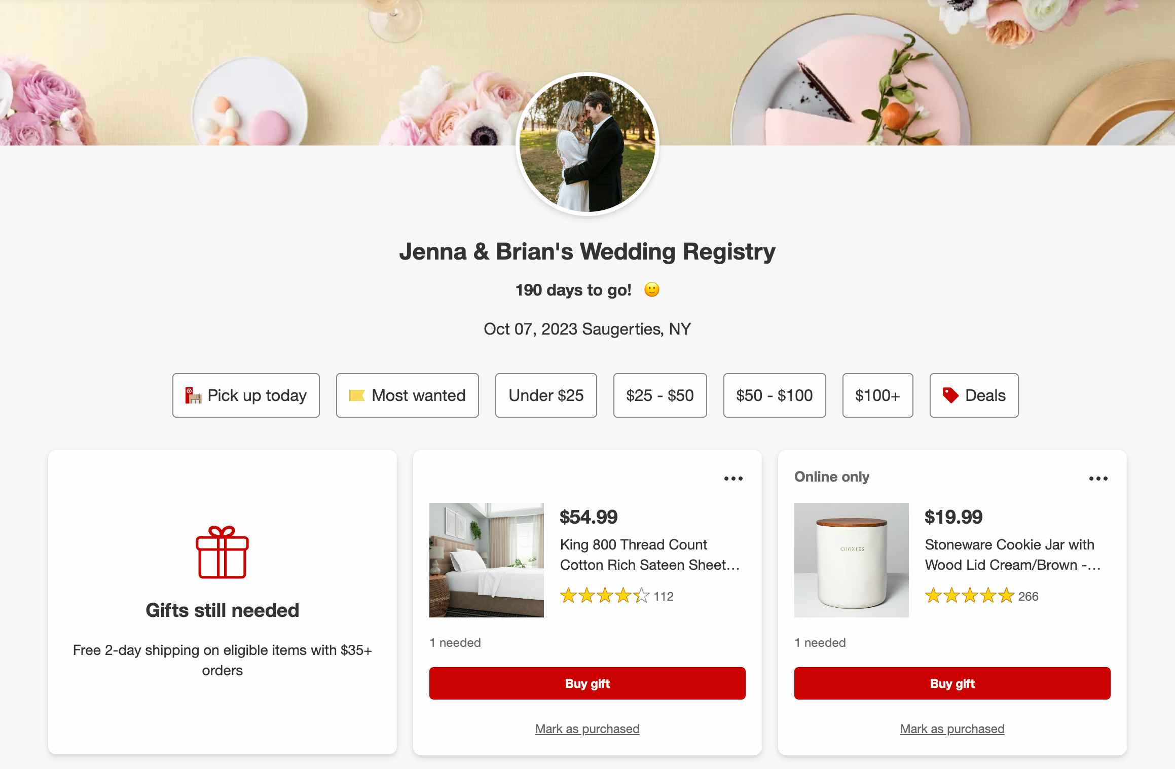 A screenshot of a target wedding registry page showing a custom photo and a countdown to the event, followed by a list of items on the registry