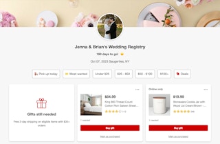 A screenshot of a target wedding registry page showing a custom photo and a countdown to the event, followed by a list of items on the registry