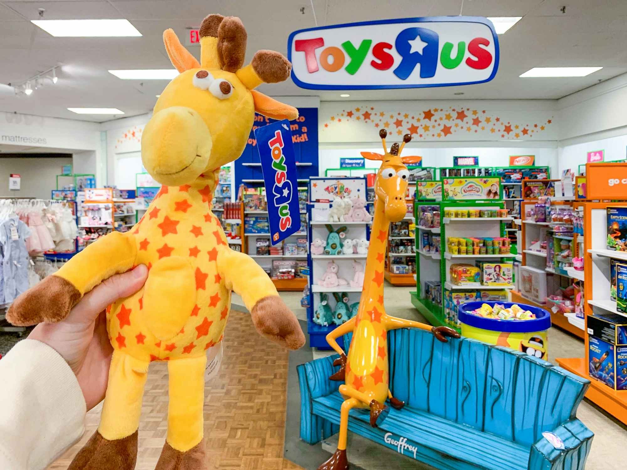 hand holding geoffrey the giraffe near toys r us section in macys store