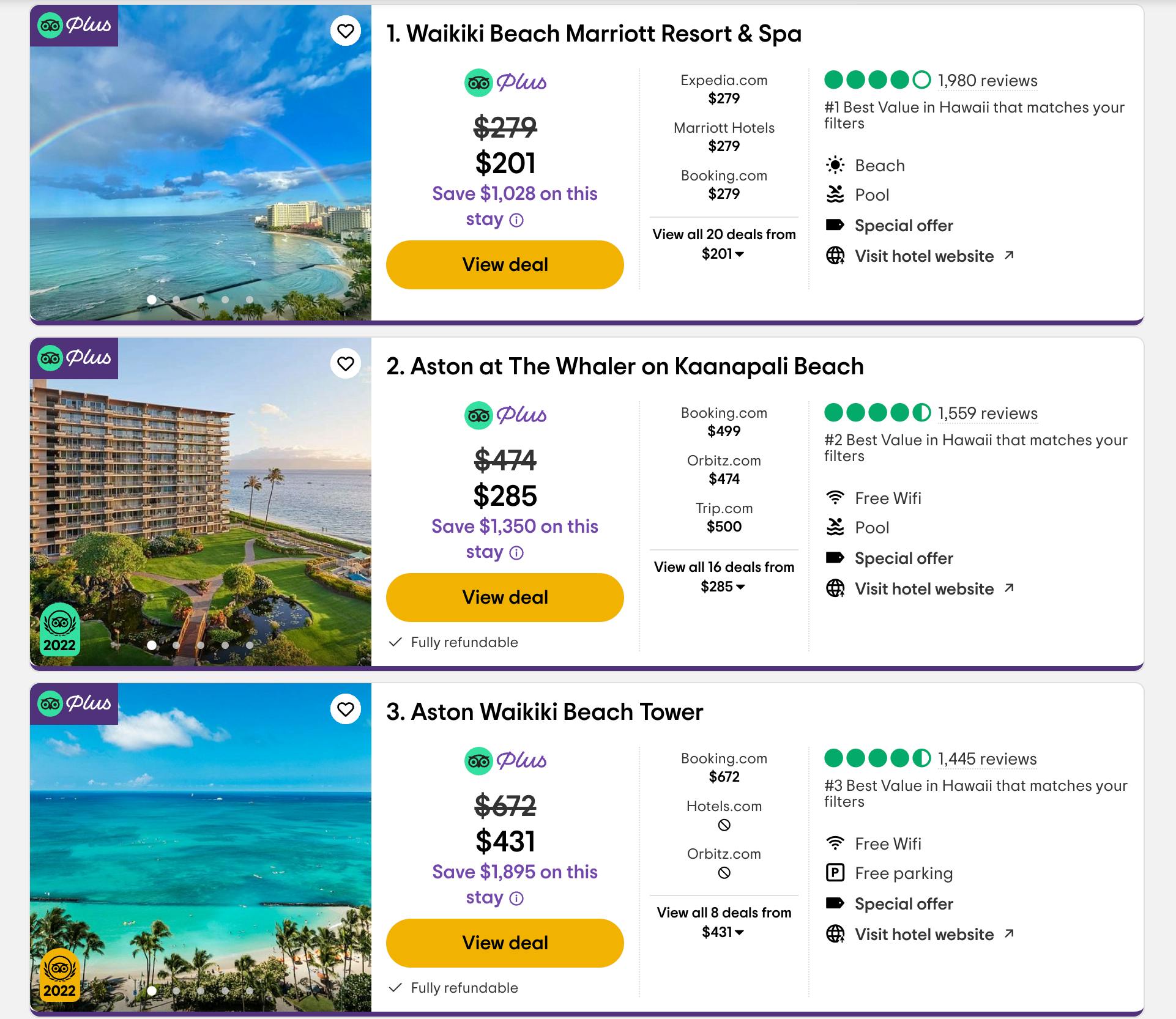 A screenshot of.a TripAdvisor search for hotels in Hawaii showing discounted rates with TripAdvisor Plus