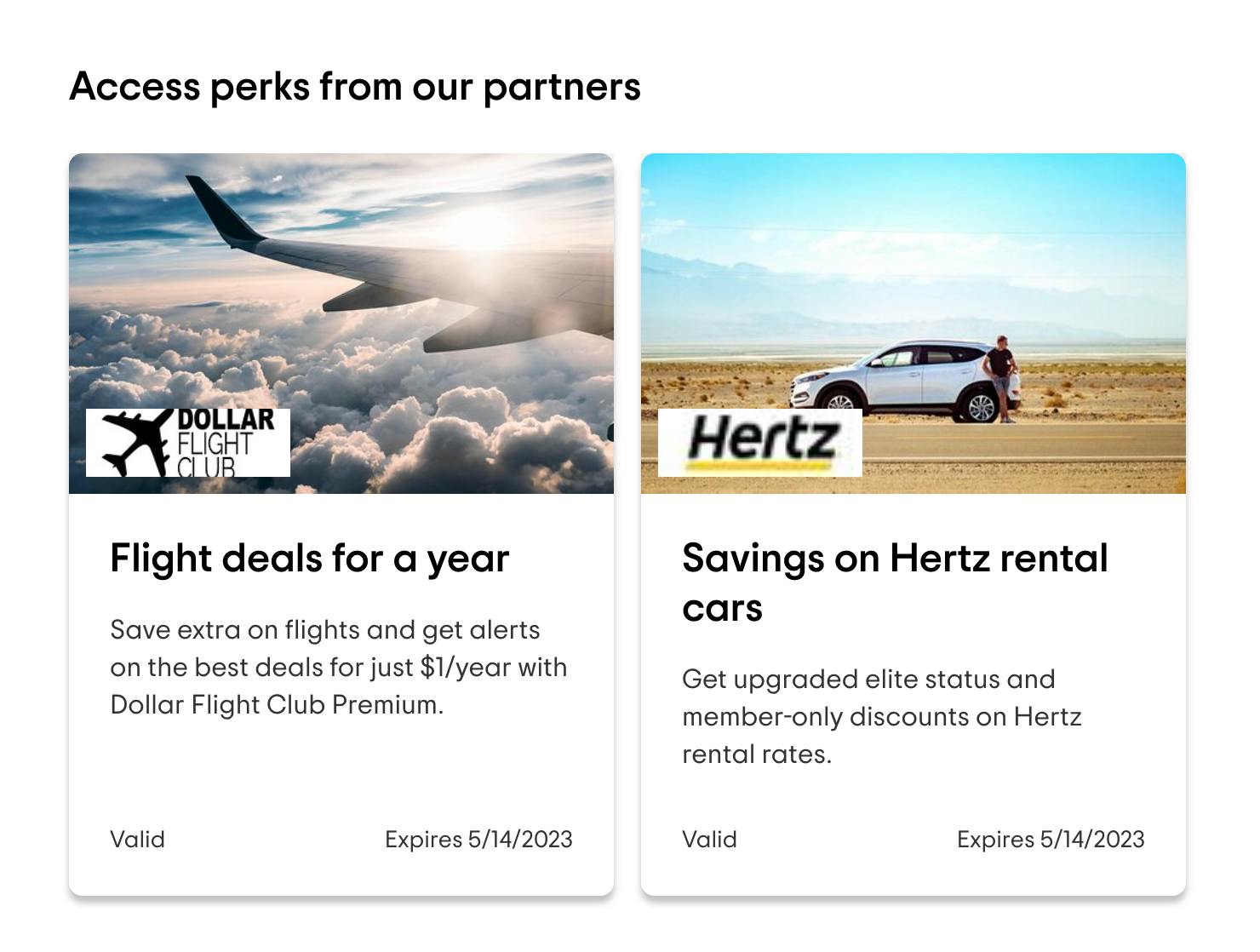 a screenshot of two offers from tripadvisor plus: one from Dollar Flight Club and the other from Hertz car rentals