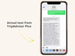 A smartphone showing a real text from a TripAdvisor Plus expert, giving advice on where to stay in Hawaii