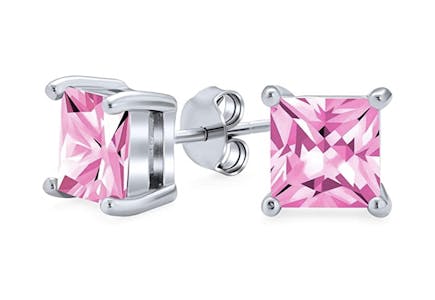 Pink CZ Princess-Cut Stud Earrings