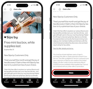 A Verizon Up reward on an iPhone screen next to another iphone screen showing the "Claim" button