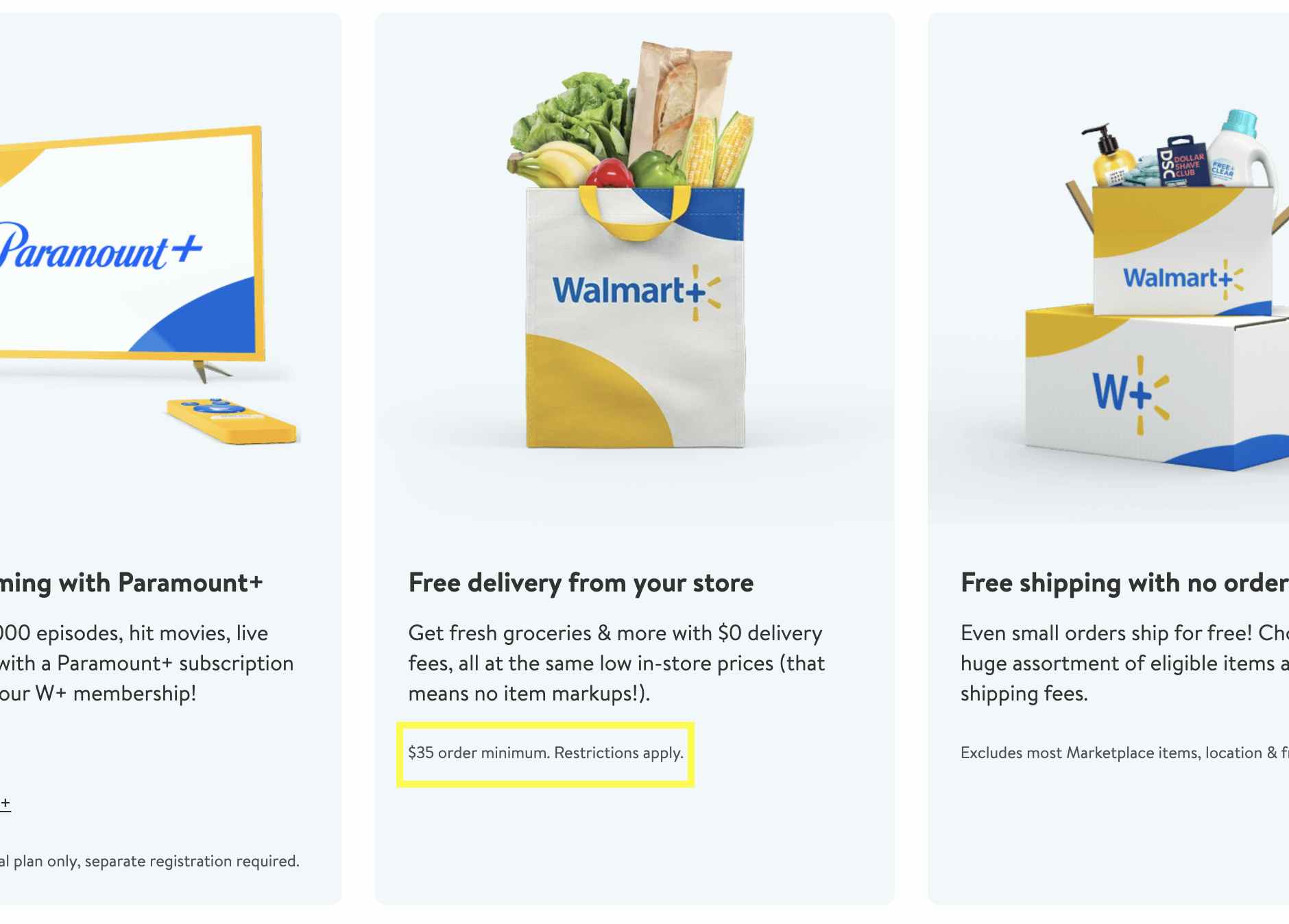 A screenshot of the Walmnart Plus membership page online, highlighting the new $35 order minimum for grocery deliveries