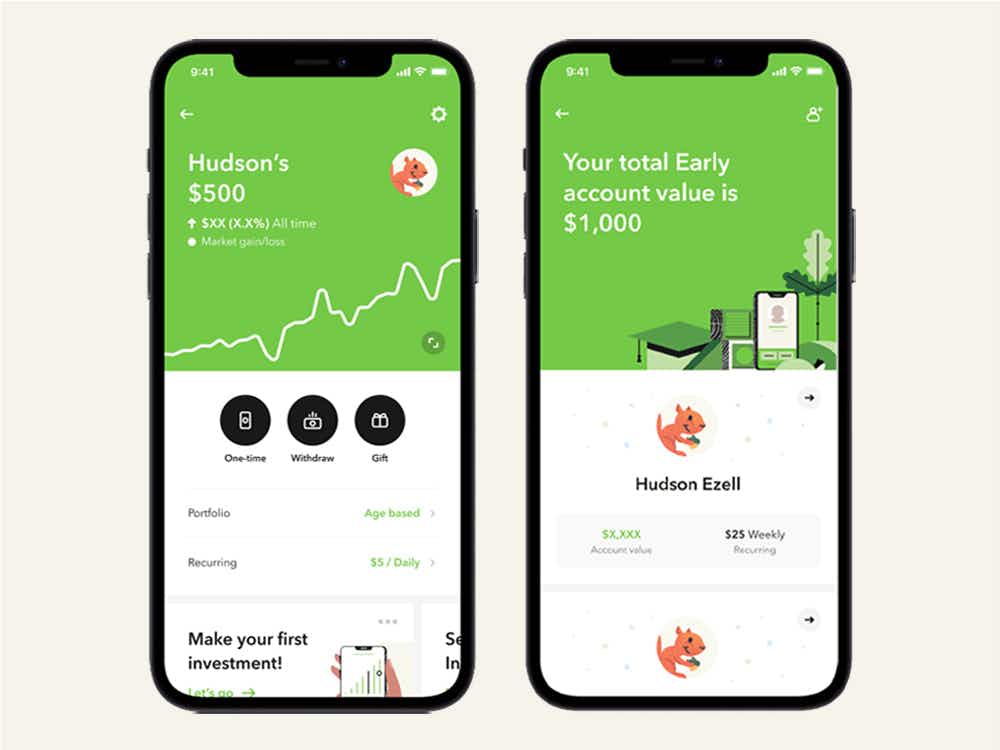 Two phones displaying an Early investment account for a child on the Acorns app
