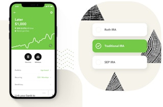 A graphic of a phone showing Later investment savings on the Acorns app with a selection of a type of IRA