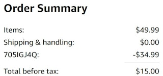 An Amazon order summary ending in $15