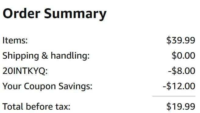 An Amazon order summary ending in $19.99