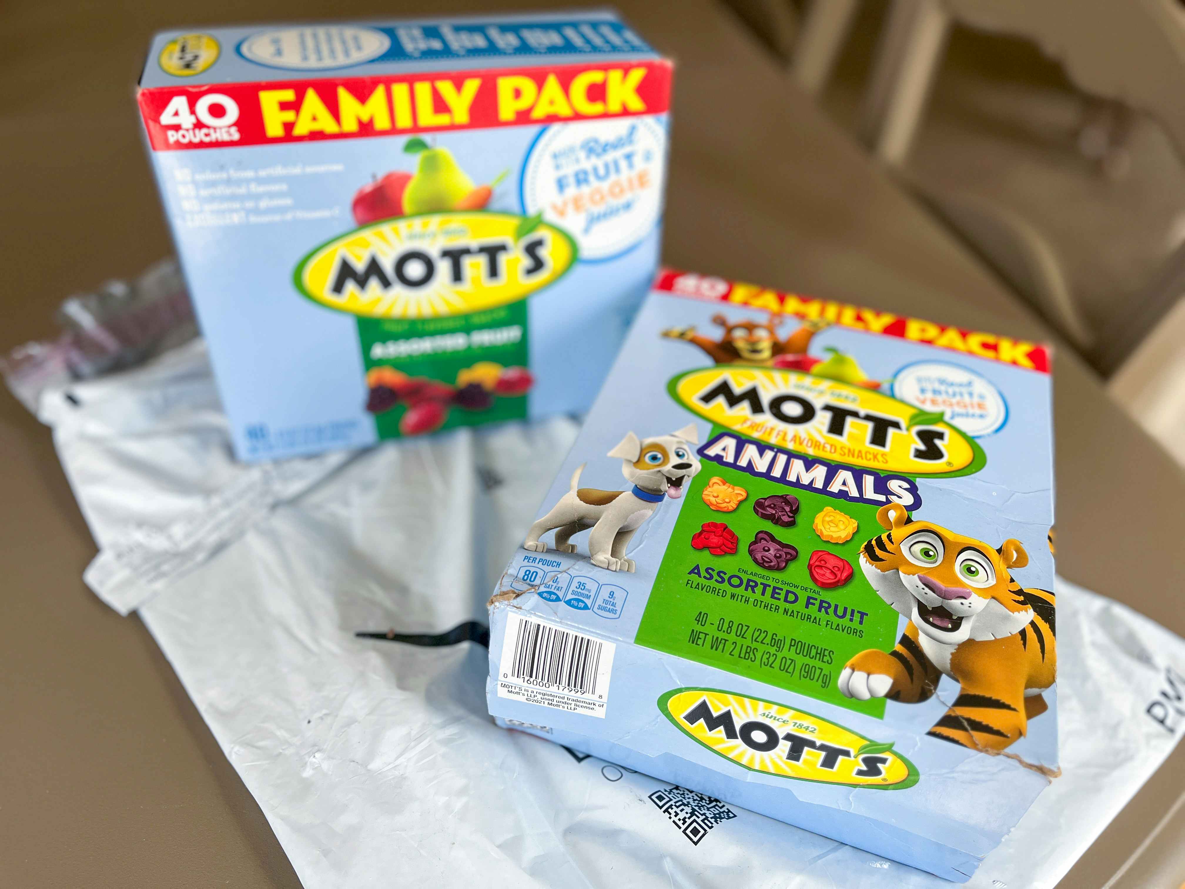 two family pack boxes of motts fruit snacks on amazon bag