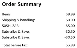 amazon order summary screenshot with promo code savings and total