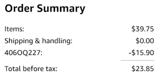 Amazon order summary screenshot showing promo code and total