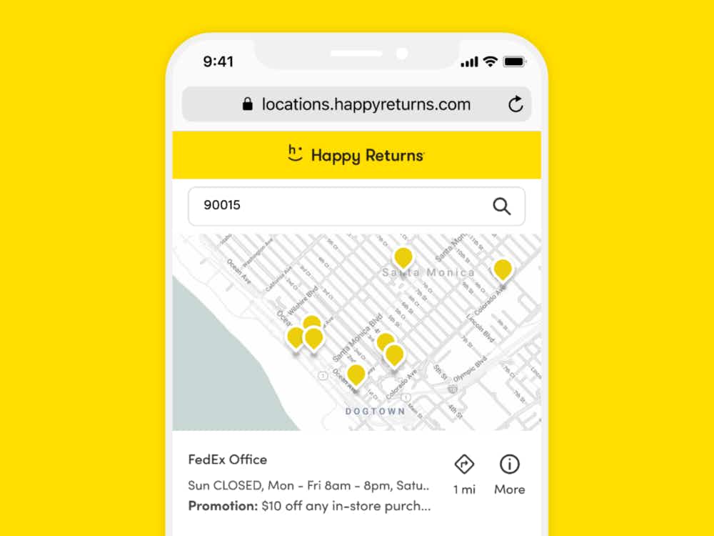 Happy Returns phone mock-up shows Fed-Ex locations