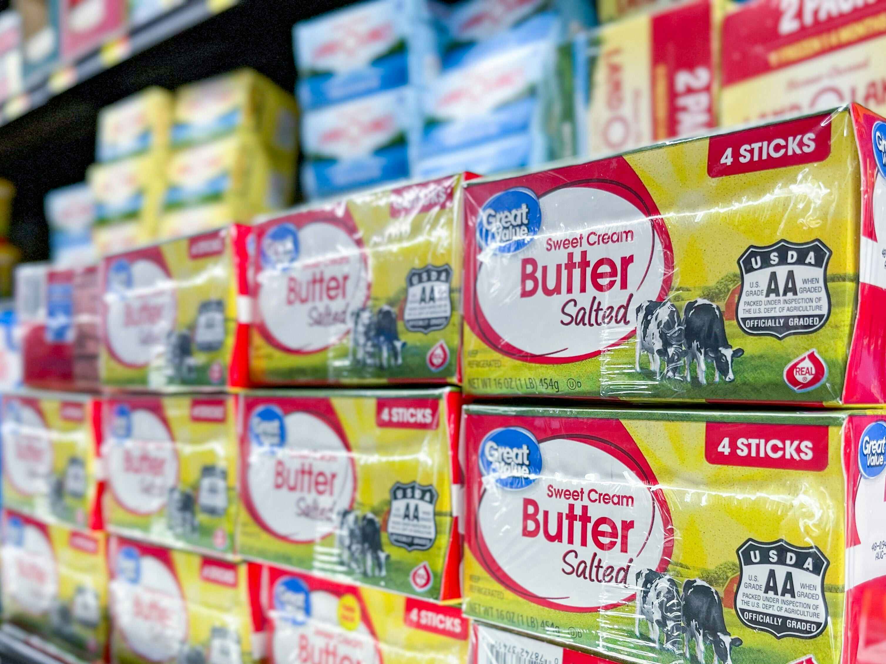 great value sweet cream salted butter on the shelf at Walmart