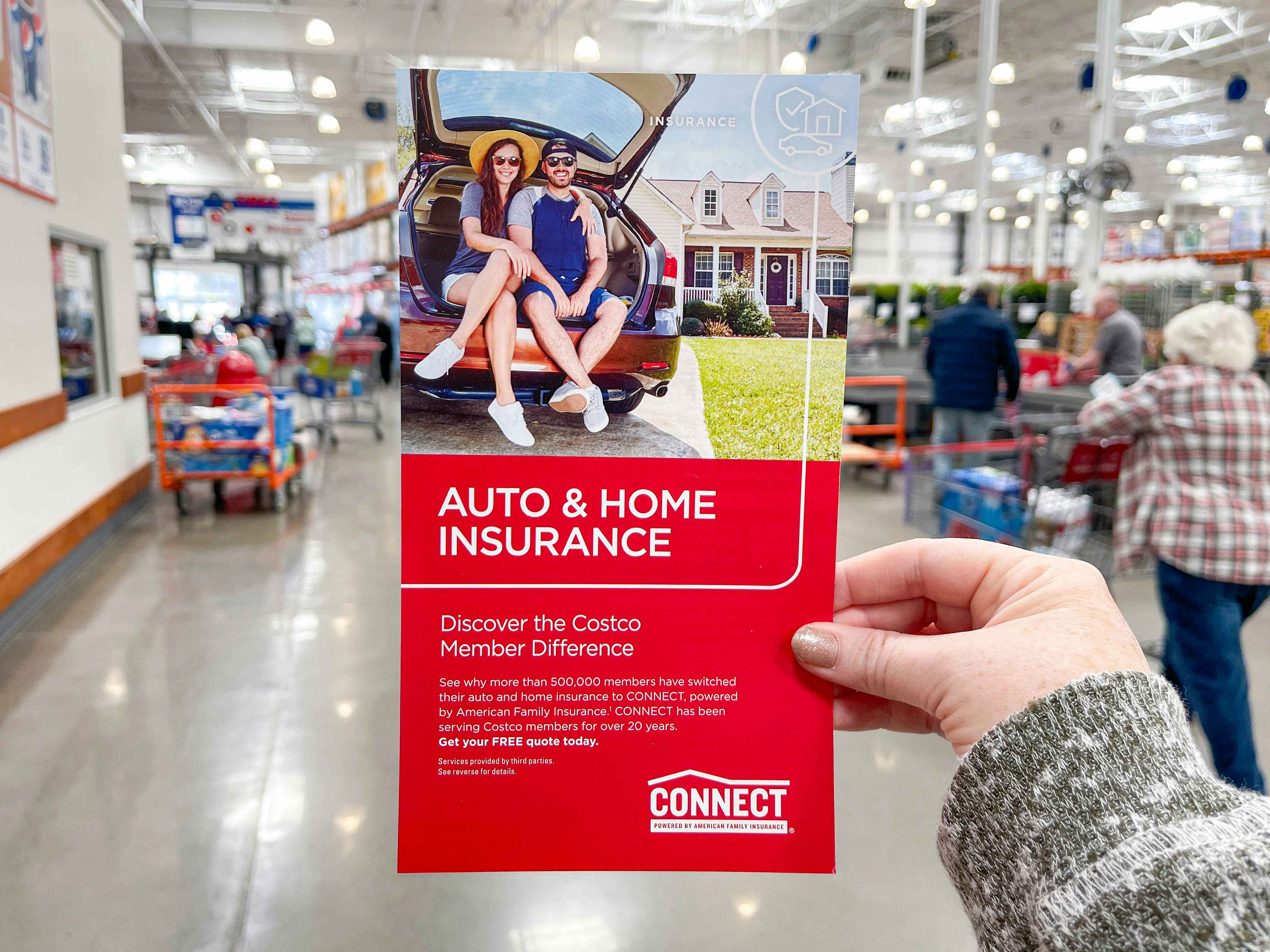 a person holding up a brochure for costco auto and home insurance