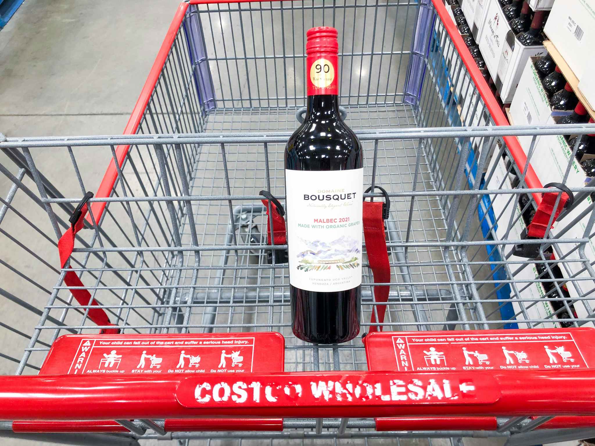 wine in a shopping cart at costco 