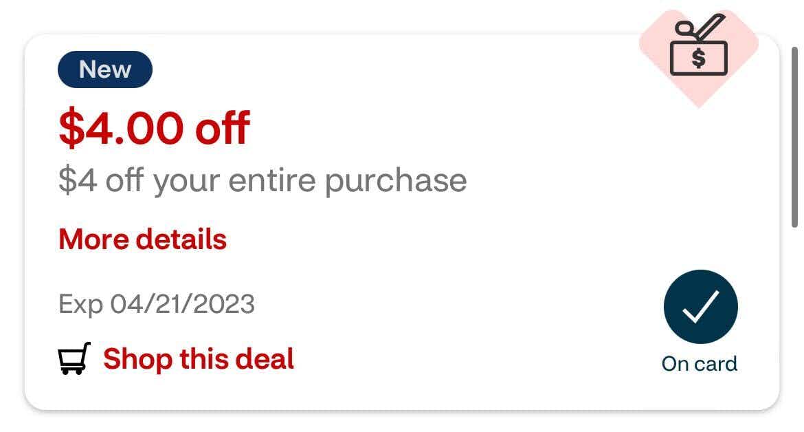 screenshot of $4 off entire purchase store coupon