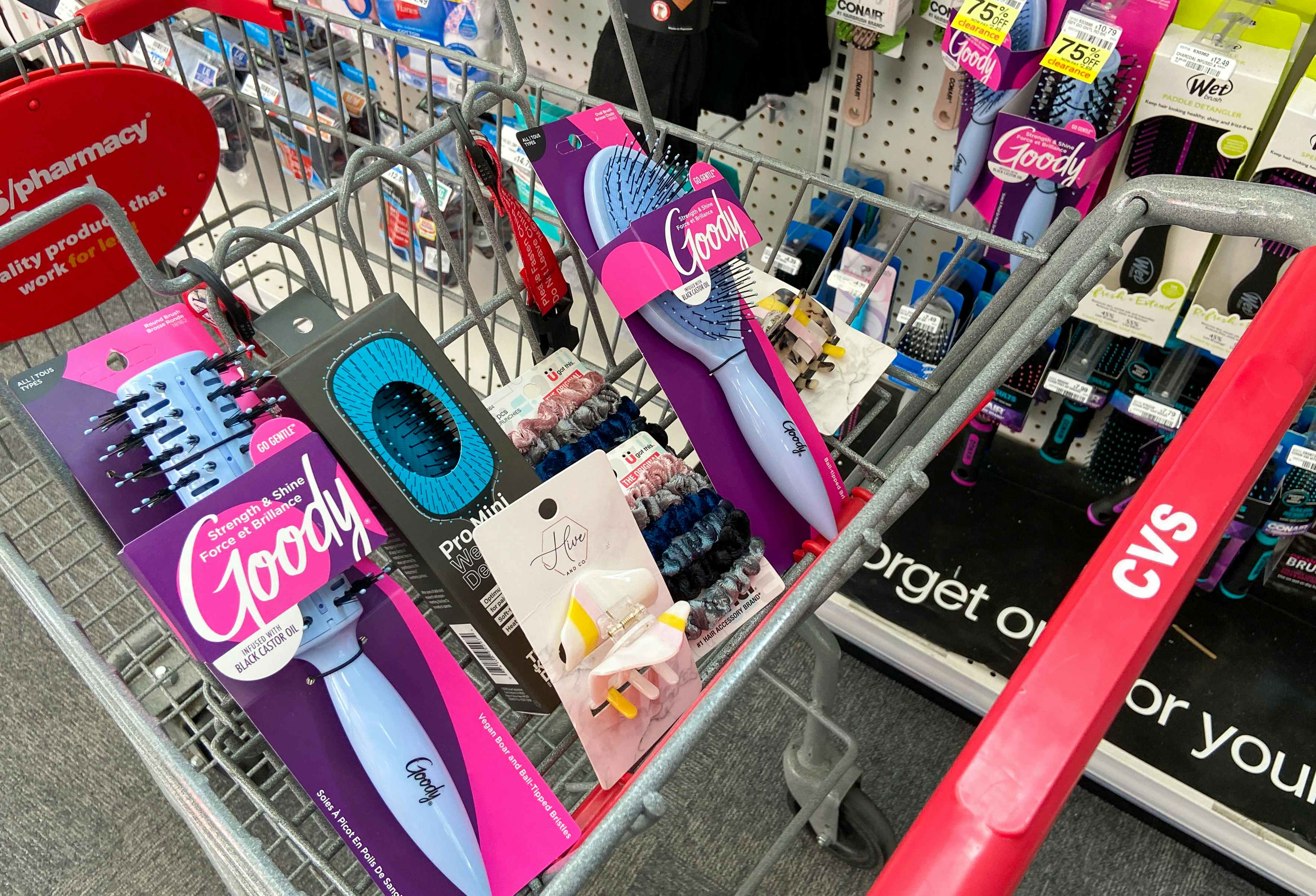 goody and scunci hair brush and scrunchies in a cvs cart filled with clearance hair care accessories