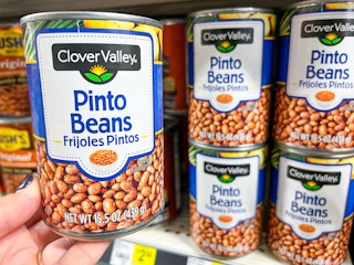 Someone holding a can of Clover Valley pinto beans next to a shelf at Dollar General