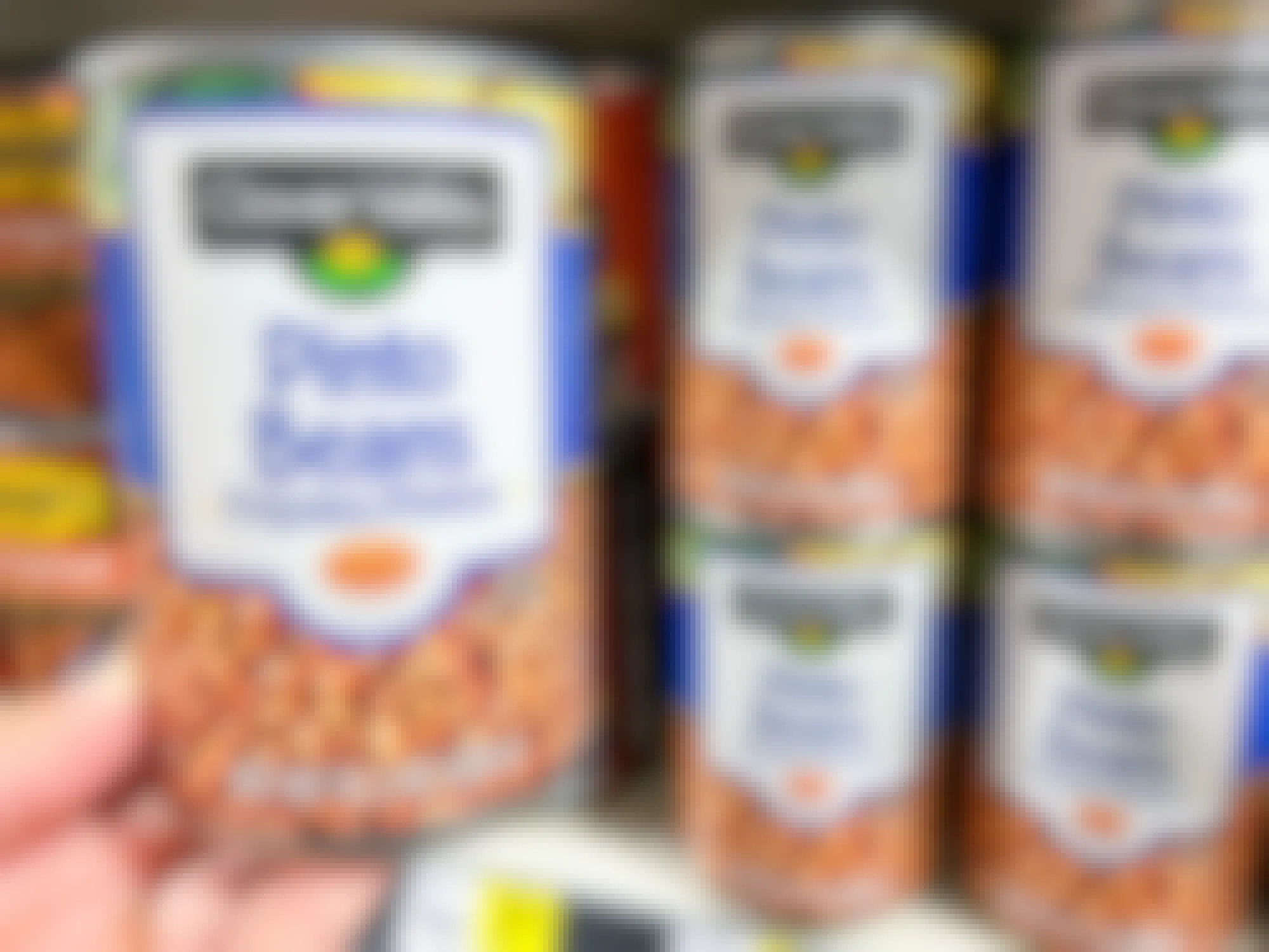 Someone holding a can of Clover Valley pinto beans next to a shelf at Dollar General