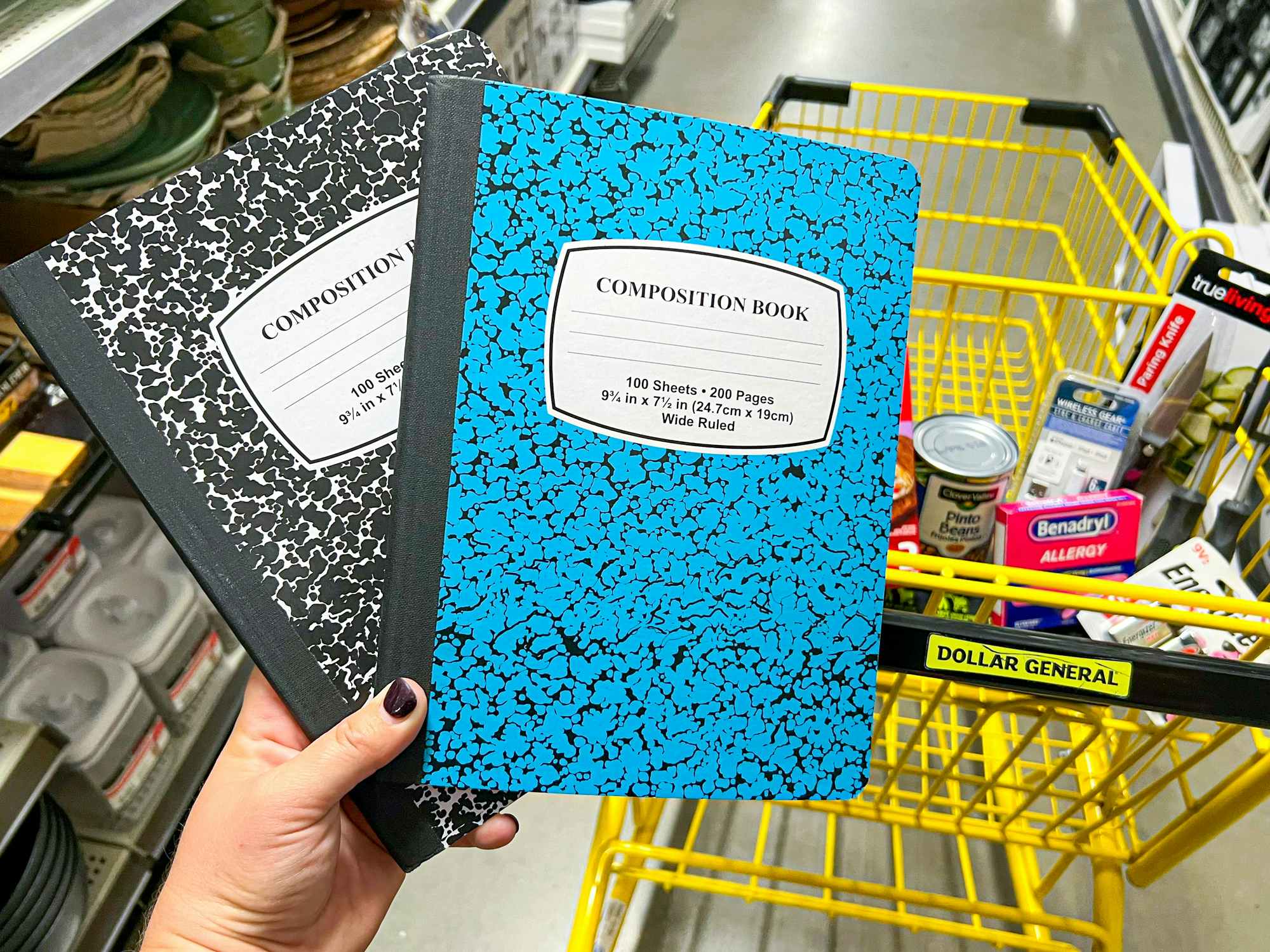 Someone holding up two composition notebooks next to a cart at Dollar General