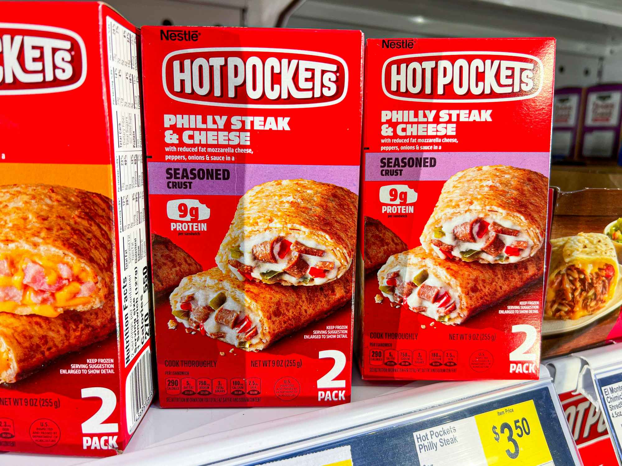 Boxes of Hot Pockets on a shelf at Dollar General