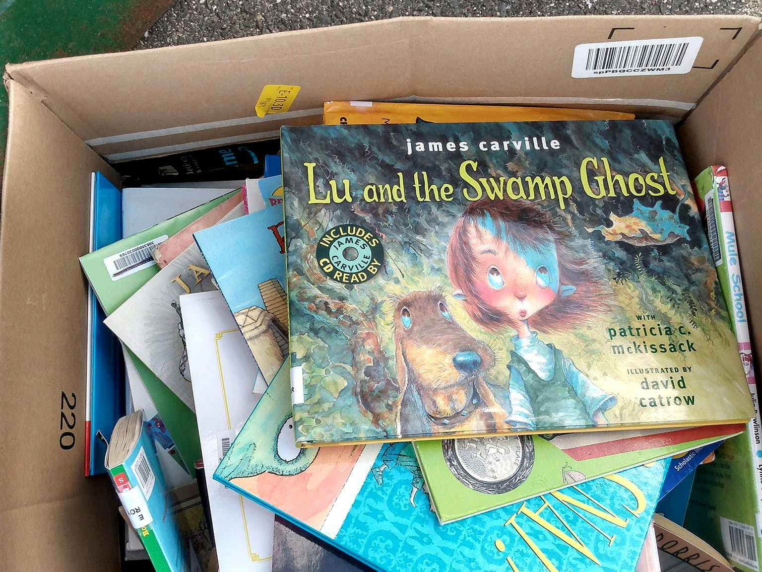 box of childrens books found while dumpster diving