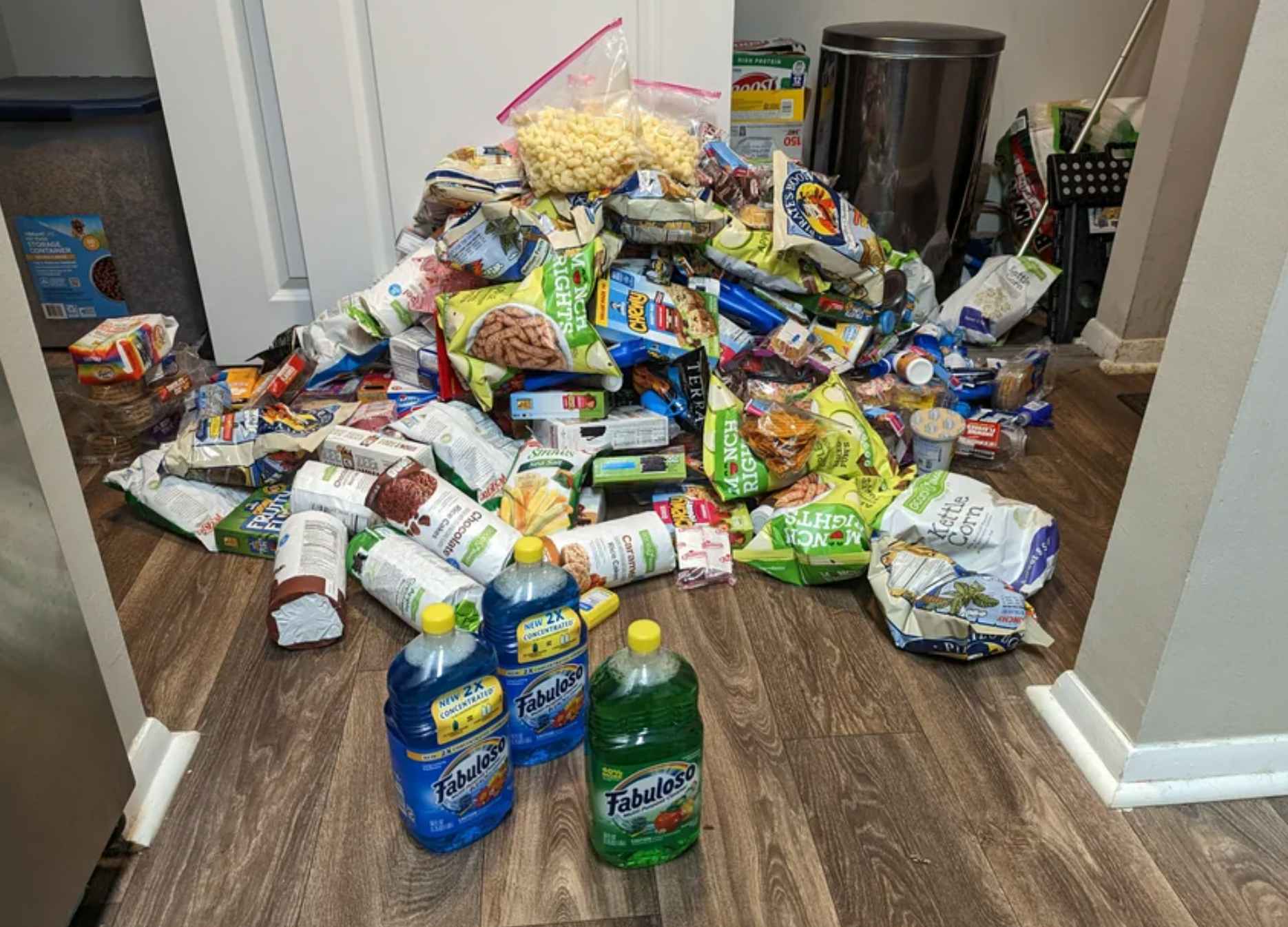 Snacks and cleaning products found in a Dollar General dumpster