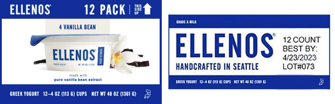 costco greek yogurt brand ellenos recall label showing a best by date of april 22, 2023