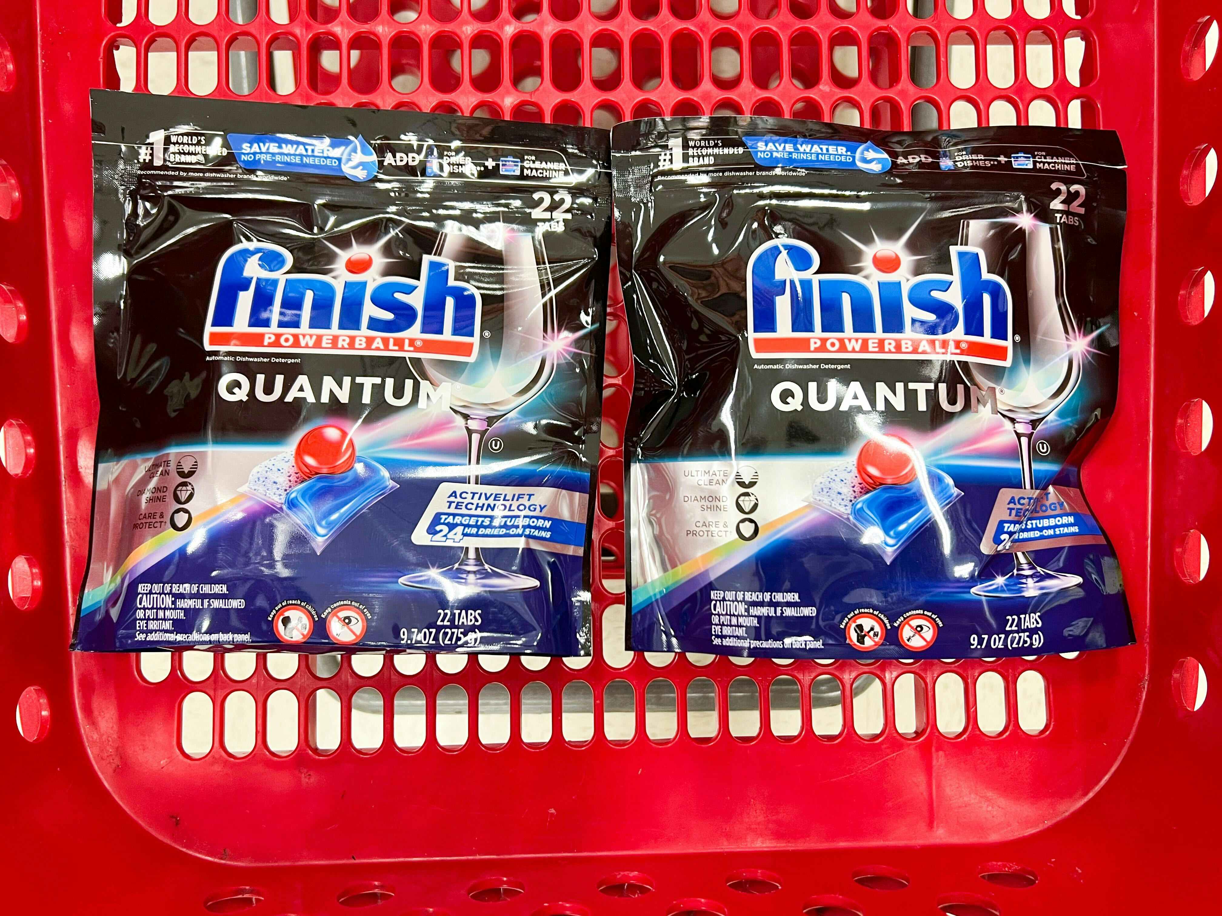 Two finish dishwasher packets in a target shopping cart